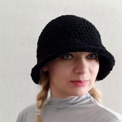 Fuzzy bucket hat - black bucket hat crochet - warm winter hat - fluffy crochet hat - handmade - unisex model - christmas