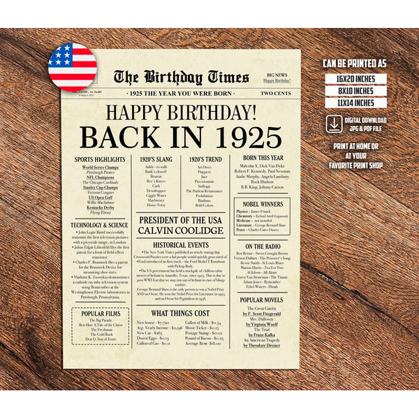 1925 1925 poster, 98th birthday newspaper sign, 1925 birthday pos | Inspire ...