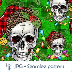 Christmas Skull Seamless pattern 1 JPG file Merry Christmas Digital Paper Christmas lights Background Digital Download