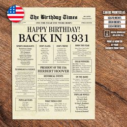 1931 poster, 92nd birthday newspaper sign, 1931 birthday poster instant download, 92 years ago back in 1931,