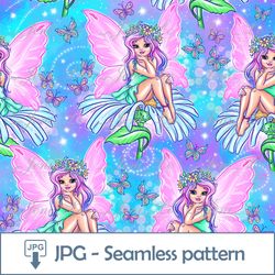 Flower Fairy Seamless pattern 1 JPG file Little Princess Digital Paper Butterfly Rainbow Background Digital Download