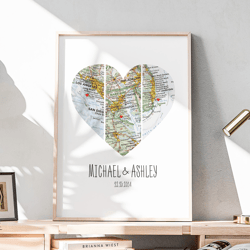 DIGITAL Personalized map,  Split Heart Shape, Heart map print, Anniversary gift, Custom wedding gift, 1-5 locations