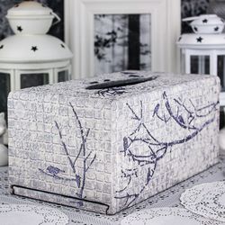 Grey Glitter Birds on Tree Branches Mixed Media Collage Rectangular Tissue Box Cover Wood Modern Home Decor