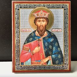 Holy Nobleborn Prince Vyacheslav of the Czechs |  Silver foiled icon lithography mounted on wood | Size: 3 1/2" x 2 1/2"