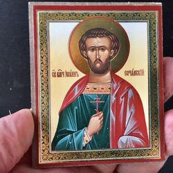 Saint John the New Sochavsky |  Gold and Silver foiled icon lithography mounted on wood | Size: 3 1/2" x 2 1/2"