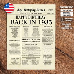 1935 poster, 88th birthday newspaper sign, 1935 birthday poster instant download, 88 years ago back in 1935