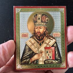 Saint Innocent, Bishop Of Irkutsk undefined | Gold And Silver Foiled Icon Lithography Mounted On Wood | Size: 3 1/2" X 2 1/2"