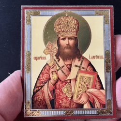 Hieromartyr Hilarion  | Silver foiled icon lithography mounted on wood | Size: 3 1/2" x 2 1/2"