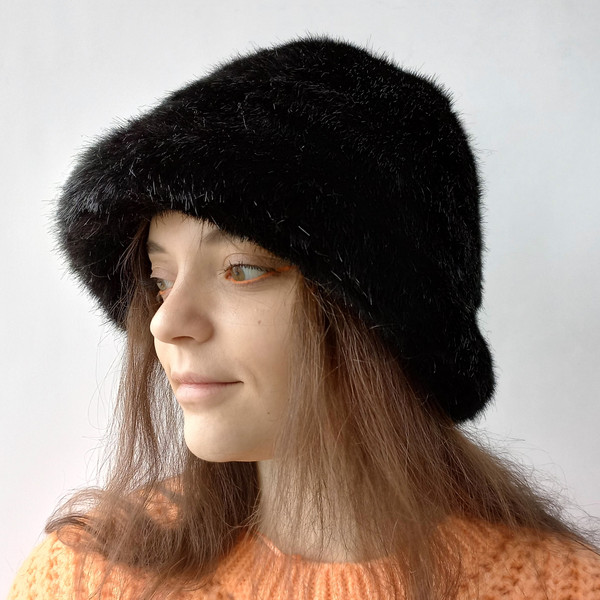 Black panama hat made of faux mink fur. Fuzzy bucket hat. Cute shaggy hat. Fashion fluffy mink fur hat. Luxury furry hat