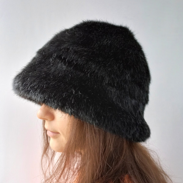Black panama hat made of faux mink fur. Fuzzy bucket hat. Cute shaggy hat. Fashion fluffy mink fur hat. Luxury furry hat
