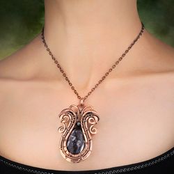 Copper wire wrapped pendant / Jasper and hematite / Necklace with precious stones / Wire weaving antique necklace