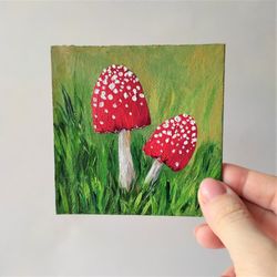 Mushroom original painting, Fly agaric small painting, Toadstool miniature art wall decor, Mini artwork