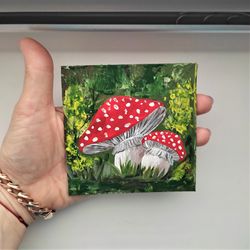 Fly agaric mushroom mini painting, Mushroom original painting, Toadstool small original art wall decor