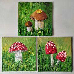 Mushroom original painting, Mushrooms small art wall decor, Set of 3 paintings, Mini painting