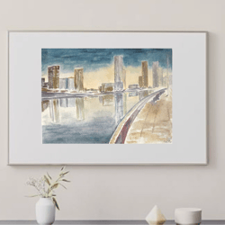 Night city cityscape wall art hand painted modern watercolour painting