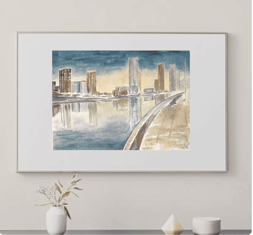 Night city cityscape wall art hand painted modern watercolour painting