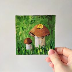 Mushroom small painting, Mushroom wall decor, Brown mushroom impasto art original artwork