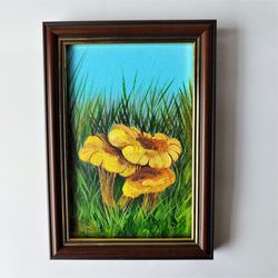 Mushroom painting original artwork, Chanterelles painting on canvas, Mushroom small wall decor