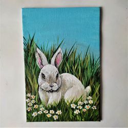 Rabbit original painting, Animal wall art decor, White rabbit artwork on canvas
