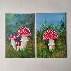 Fly agaric original painting, Toadstool small painting, Mushroom impasto painting art wall decor Set of 2