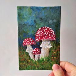 Mushroom original painting, Fly agaric painting wall decor, Toadstool artwork small painting