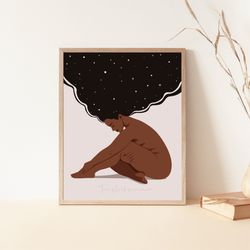 Black goddess art, printable poster, black girl art, black woman with stars in her hair, boho wall art, boho decor.