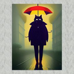 Black cat with umbrella on head