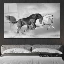 White and Black Horse Tempered Glass Wall Art, Horse Decor, Animal Glass Wall Art, Horse Wall Printing Modern Wall Art
