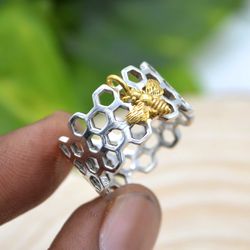 Gold Bee Honeycomb 925 Silver Handmade Ring