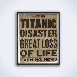 Titanic Disaster 1912 tabloid headline sign, historical newspaper printable art, print, poster (Digital Download)