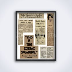 Zodiac killer newspapers clipping print, detective film decor, true crime printable art, poster (Digital Download)