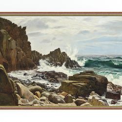 CANVAS ART PRINT | Stormy Ocean Painting | Cliff Painting | Coastal Wall Art | Seascape Original Oil Painting | Coastal