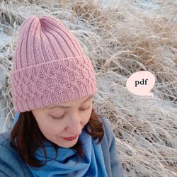 Folded Brim Hat Knitting Pattern Slouchy shaped 3 sizes Knit ribbing and cable hat beanie
