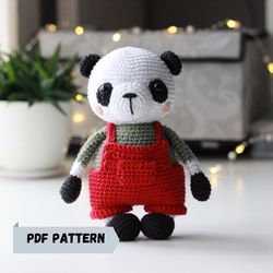 amigurumi panda bear crochet pdf pattern, crochet animal pattern cute panda in overalls