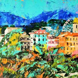 France Cityscape Original Art Small Oil Painting France Artwork Old Town Painting City Landscape Art with Mountain 8"x12