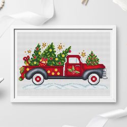 Christmas truck cross stitch pattern PDF, vintage red truck, christmas tree cross stitch, christmas cross stitch