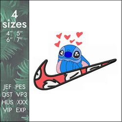 nike stitch embroidery design, hearts cartoon lilo swoosh file, 4 sizes, instant download