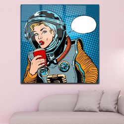 Female Astronaut Glass Wall Art, Tempered Glass Wall Printing Cosmic Wall Art, Pop Astronaut Wall Art, Pop Wall Decor