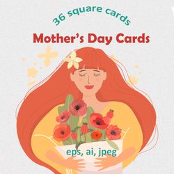 Mother's Day greeting Cards Set, Women's Day Square Cards Hand Drawn set, Children protection Day cards, Desabled Mother