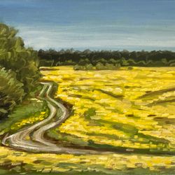 Original oil painting landscape wild flowers in the forest village road, summer in the forest yellow flowers painting 7x
