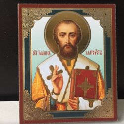 John Chrysostom, Archbishop Of Constantinople | Silver Foiled Icon Lithography Mounted On Wood | Size: 3 1/2" X 2 1/2"