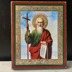 Saint Andrew the First Called Apostle | Gold and Silver foiled icon lithography mounted on wood | Size: 3 1/2" x 2 1/2"