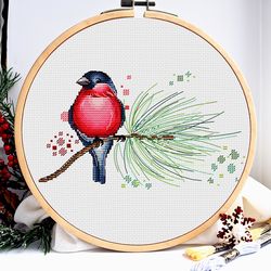 Birds cross stitch, Bullfinch cross stitch, Christmas trees cross stitch, Christmas cross stitch, Digital PDF