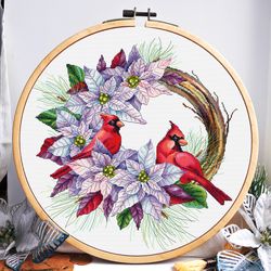 Christmas cross stitch pattern, Christmas wreath with poinsettia and red cardinals, Christmas tree, Digital PDF