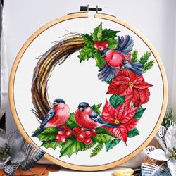 Christmas cross stitch pattern, Christmas wreath with poinsettia and bullfinch, Christmas tree, Digital PDF