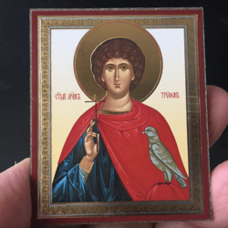 St. Tryphon The Martyr | Silver And Gold Foiled Icon Lithography Mounted On Wood | Size: 3 1/2" X 2 1/2"