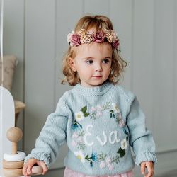 Personalized handmade knitting sweater for baby. Knitwear with embroidered clover flowers for girls kids Cotton pullover