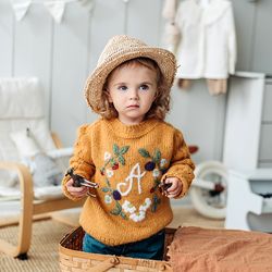 Handmade knit kids sweater with embroidered name /initial. Personalized custom wool soft warm sweater for kids, babie