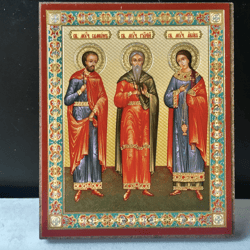 Three Saints Samon, Guri & Aviv | Silver and gold foiled icon lithography mounted on wood | Size: 3 1/2" x 2 1/2"