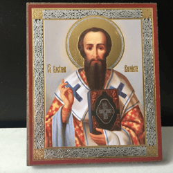 Saint Basil the Great | Silver and gold foiled icon lithography mounted on wood | Size: 3 1/2" x 2 1/2"